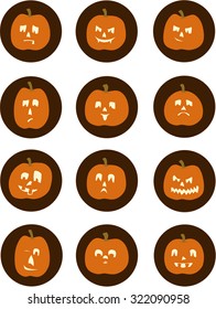 Sheet of Jack O'Lanterns with different emotions: sad, scary, smug, confused, happy, pouting, goofy, scared, angry, winking.