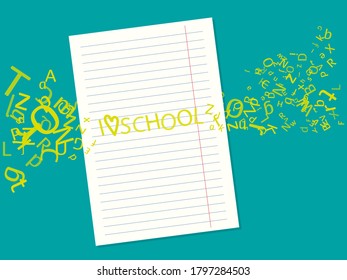 A sheet of lined paper flying love text on a background with letters. Notebook with alphabet banner.