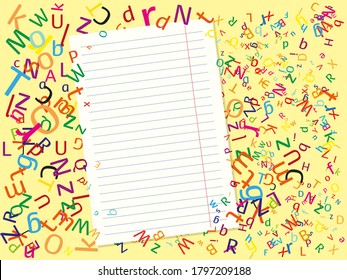 A sheet of lined paper on a background with letters. Notebook with flying alphabet banner.