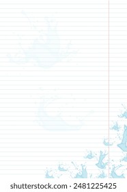 Sheet of lined paper with splashes of blue water in flat style. Vector. Drops of water are scattered across the paper, creating a sense of movement and energy. The scene is playful and whimsical