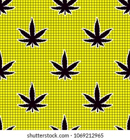 Sheet of marijuana on a checkered yellow background. Vector Seamless pattern.