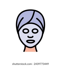 Sheet mask color icon. Skin care procedure. Cosmetic procedures for face and hair. A woman applies a hair and face mask, wraps her hair in towel. Simple flat illustration. Vector isolated drawing