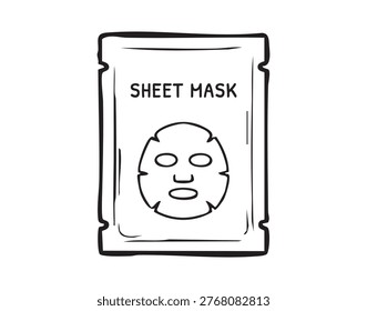 Sheet mask packet illustration showing skincare benefits, minimalist sketch of sealed sachet on white background, product mockup for indie beauty brand, blank label for custom branding, clean clinical