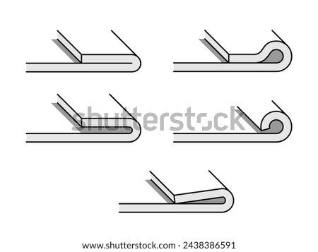 Sheet metal hemming types - isometric icons in thin line. Flat and Open, Rolled, Teardrop and Rope types of sheet edge