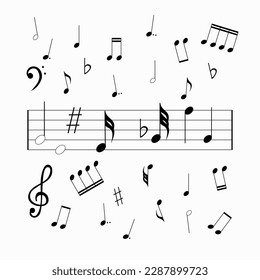 Sheet misic set. Abstract music background with various music notes, vector illustration