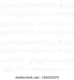 Sheet music background with musical notes. White and grey colors. Seamless pattern, vector illustration, EPS 10