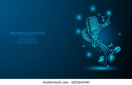 Sheet music music microphone on a dark blue background of the space with shining stars.