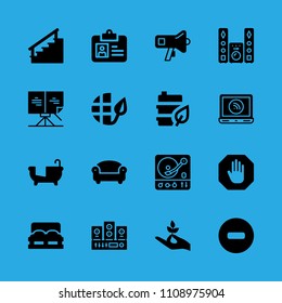 sheet music, no entry, laptop, sofa, stairs, megaphone, sound system, turntable and sound system vector icon. Simple icons set
