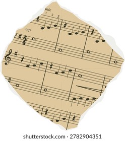 Sheet music with notes, staff, and clef printed on torn aged paper scrap in a rough textured style. Evokes nostalgia, heritage, and classical culture with manuscript and score symbolism. Cartoon vector illustration.
