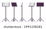 Sheet music stand, black tripod pedestal for performers, singers pedestal. Orchestras, choirs, bands. Vector flat style cartoon illustration isolated, white background, different views and positions