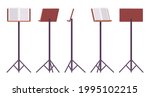 Sheet music stand, brown tripod pedestal for performers, singers pedestal. Orchestras, choirs, bands. Vector flat style cartoon illustration isolated, white background, different views and positions