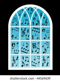 sheet music symbols behind window