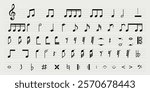 Sheet music with various musical notes and symbols. Musical notes and symbols on a staff. Diverse musical notes and symbols for composition. Music elements, vector set.