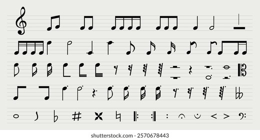 Sheet music with various musical notes and symbols. Musical notes and symbols on a staff. Diverse musical notes and symbols for composition. Music elements, vector set.