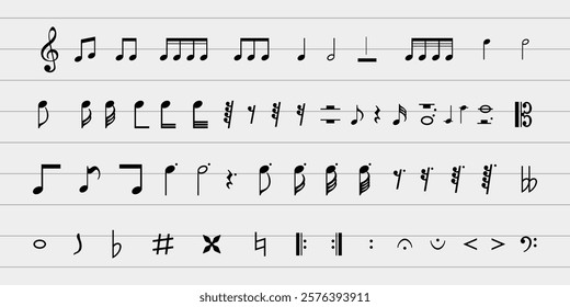 Sheet music with various musical notes and symbols. Musical notes and symbols on a staff. Diverse musical notes and symbols for composition. Music elements, vector set.