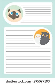 Sheet Note Paper template with Cute Siamese cat and Couple Persian Cats