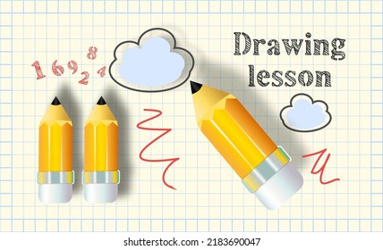 Sheet of notebook in a blue cage. The pencil writes the word "drawing lesson", the numbers are scattered around the background. A backdrop on a school theme.