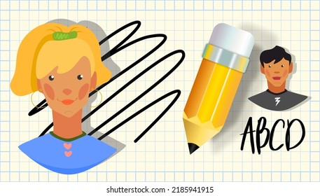 A sheet of notebook in a cage. Pencil, numbers and strokes on the background. Schoolchildren, a boy and a girl. Students of the school and university. Online education. Art School