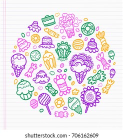 Sheet of notebook with drafts of colorful drawings of sweets, ice cream and cakes. Everything a child likes to eat
