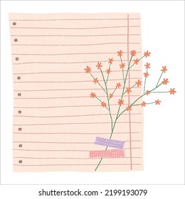 Sheet of notebook with flower and washi tape. To do list, business organizer page, paper sheet. Journal and planner design vector illustration.