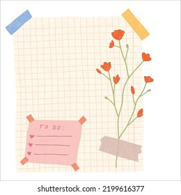 Sheet of notebook with flower and washi tape. To do list, business organizer page, paper sheet. Journal and planner design vector illustration.