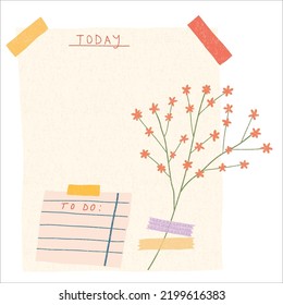 Sheet of notebook with flower and washi tape. To do list, business organizer page, paper sheet. Journal and planner design vector illustration.
