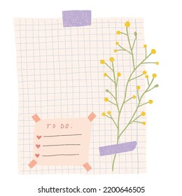Sheet of notebook with flower and washi tape. To do list, business organizer page, paper sheet. Journal and planner design vector illustration.