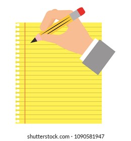 sheet notebook with hand and pencil isolated icon
