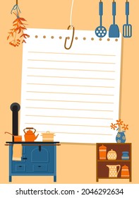 A sheet of notebook hangs on a thread. Note paper, old wood-burning stove, dried herbs and kitchenware. Template for checklist, to-do list or cooking recipe. Vector illustration, flat style.