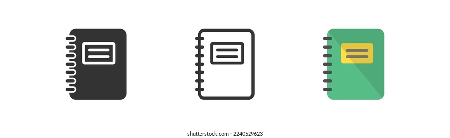 Sheet notebook icon on light background with shadow in circle. Line, black and colored style. Sketcbook symbol. Green personal workbook, exercise book sign. Flat minimal design. Vector illustration.