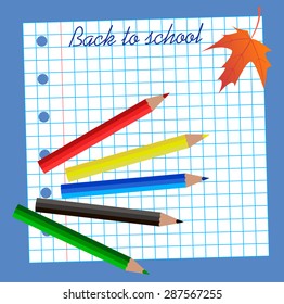 sheet notebook, maple leaf and colored pencils - back to school background