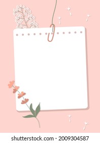 A sheet of notebook paper connected with a paperclip hang on a thread. Note paper, colorful flowers, dandelion outlines on a pink background. Vector illustration, flat style.