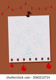  A sheet of notebook paper in drops of paint pinned to the wall. Note paper, garland and red christmas balls on a brown background. Vector illustration, flat style. 