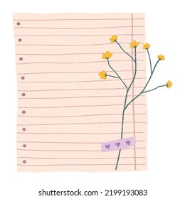 A sheet of notebook paper. Notepaper, flowers and a sheet of textured paper in the background. Vector illustration, flat style.