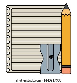 sheet of notebook paper with pencil and sharpener