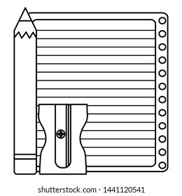 sheet of notebook paper with pencil and sharpener