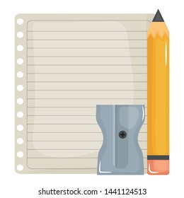 sheet of notebook paper with pencil and sharpener