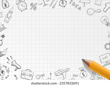 Sheet of notebook paper with penciled doodles and sketches. Background for text. Back to school. Vector illustration