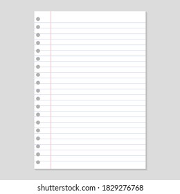 Sheet of notebook paper with shadow on gray background
