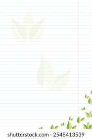 Hoja de papel de cuaderno con hojas verdes estilizadas en estilo plano. Vector. Las hojas se esparcen por el papel, creando una sensación de movimiento y energía.