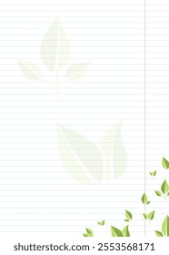 Sheet of notebook paper with stylized green leaves in flat style. Vector. The leaves are scattered across the paper, creating a sense of movement and energy22