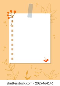 A sheet of notebook paper taped to wall. Note paper, branches with red berries, yellow contours of plants in the background. Vector illustration, flat style.