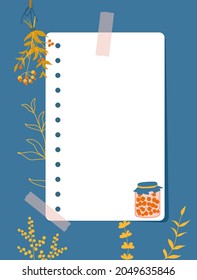 Ein Notizbuch, das an die Wand geklebt ist. Note paper, Äste mit gelben Beeren, gelbe Konturen von Pflanzen auf blauem Hintergrund. Vektorgrafik, flacher Stil.