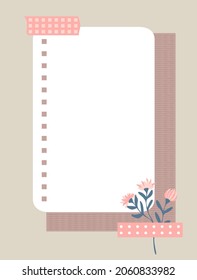 A Sheet Of Notebook Paper Taped To Wall With Pink Duct Tape. Notepaper, Flowers And A Sheet Of Textured Paper In The Background. Vector Illustration, Flat Style.