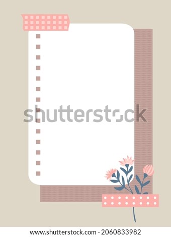 A sheet of notebook paper taped to wall with pink duct tape. Notepaper, flowers and a sheet of textured paper in the background. Vector illustration, flat style.