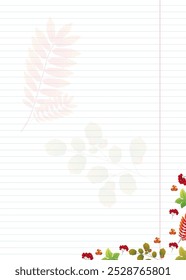Folha de papel de caderno com design vetorial de folhas de outono e frutos de elementos de planta no tema de outono. Avelã, rowan, bagas, nozes.