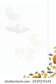 Folha de papel de caderno com design vetorial de folhas de outono e frutos de elementos de planta no tema de outono. Carvalho, arando, bétula, bolota