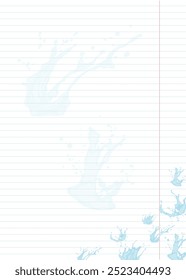 Folha de papel notebook com água salpicada em estilo plano. Vetor. Gotas de água estão espalhadas pelo papel, criando uma sensação de movimento e energia.