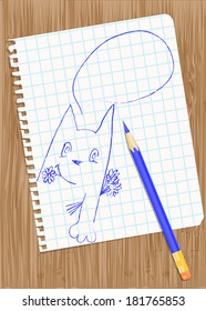 Sheet of notebook with a pencil drawing on a wooden table. Spring background vector EPS10.