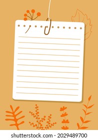 A sheet of notepad connected with a paperclip hang on a thread. Paper for notes decorated with red berries, on the autumn plants background. Vector illustration, flat style.